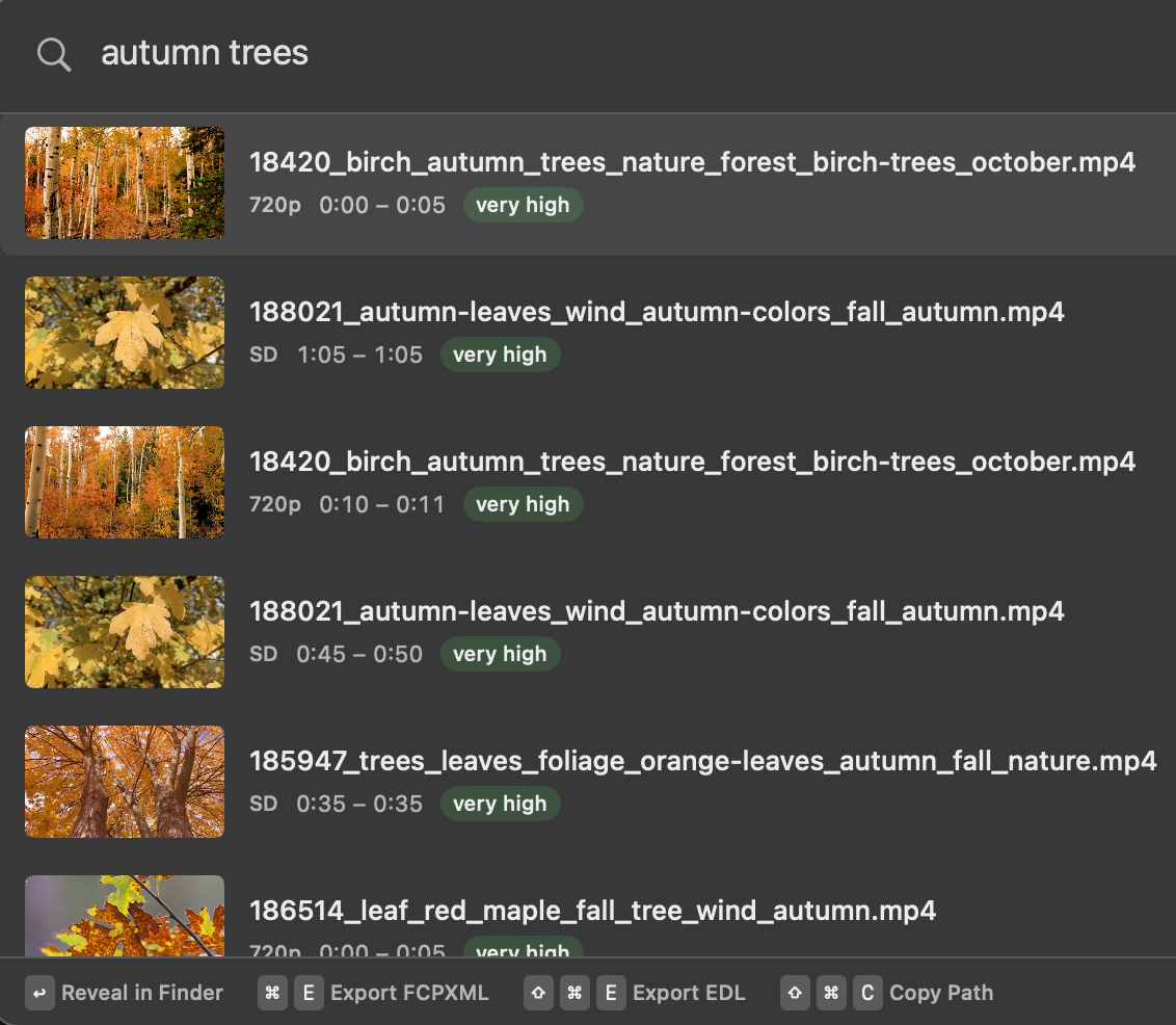 Quick Search floating panel showing search results