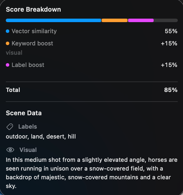 Score breakdown showing transcript, visual description, and label contributions